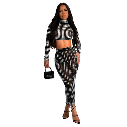 Women's Wear Solid Color Rhinestone Mesh Two-piece Dresses