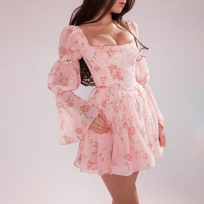 Women's Slim Rose Printed Long Sleeve A- Dresses