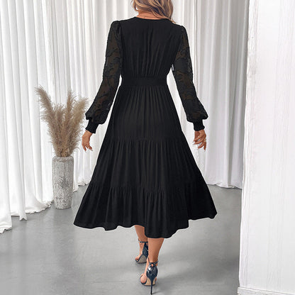 Women's Waist Lace Long Sleeve Solid Color Dresses