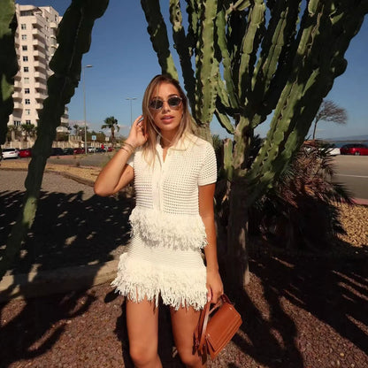 Women's Tassel Short-sleeved Knitted High Waist Mini Suits