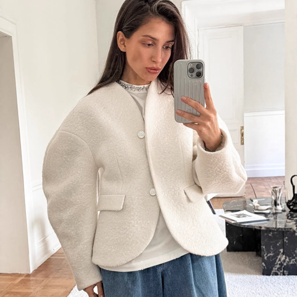Women's Thick Woolen Design Solid Color Style Coats