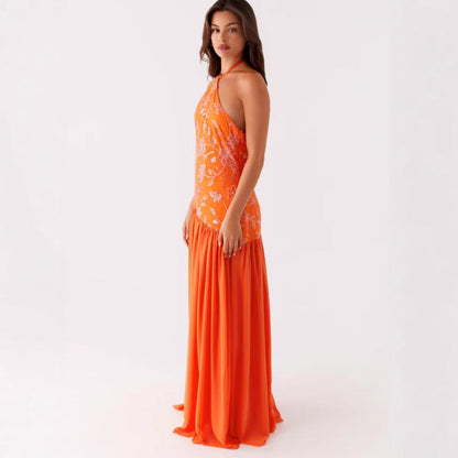 Women's Sequin Sequined Chiffon Stitching Halter Split Sexy Dresses