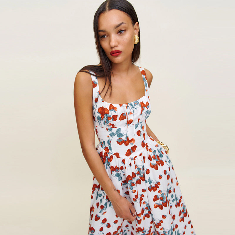 Printed Strawberry Square Collar Mid-length Vacation Dresses