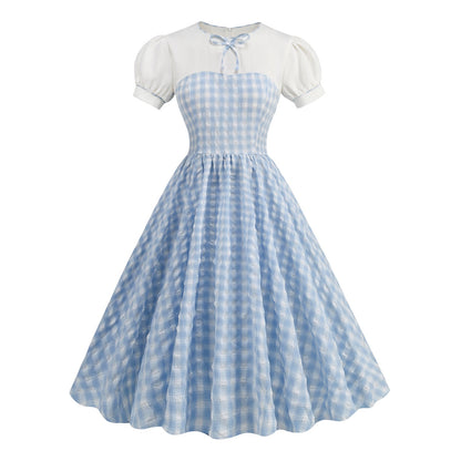 Style British Bubble Plaid Short-sleeved Umbrella Dresses