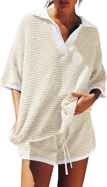 Women's Home Wear Two-piece Large Collar Striped Knitted High Suits