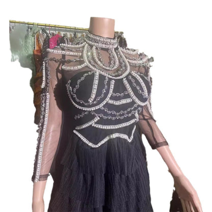 Beaded Mesh Long Sleeve Diamond Slim Dresses