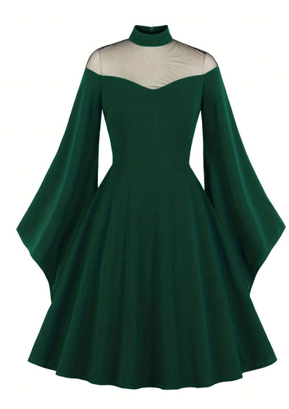 Black Queen Mesh Flared Sleeves Patchwork Dresses