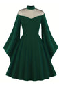 Black Queen Mesh Flared Sleeves Patchwork Dresses