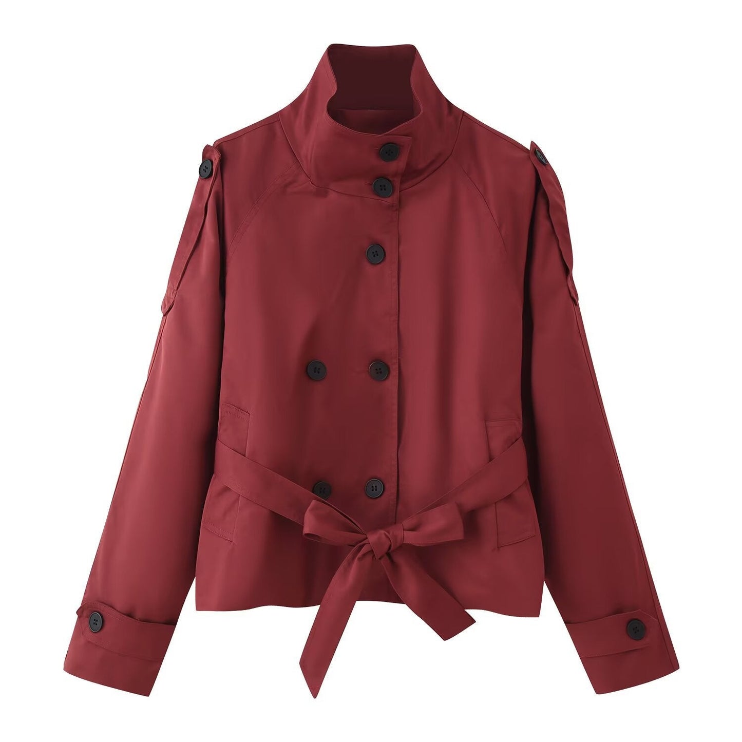 Women's Collar Long Sleeve Double Breasted Knotted Pocket Casual Coats