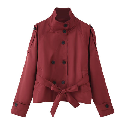 Women's Collar Long Sleeve Double Breasted Knotted Pocket Casual Coats