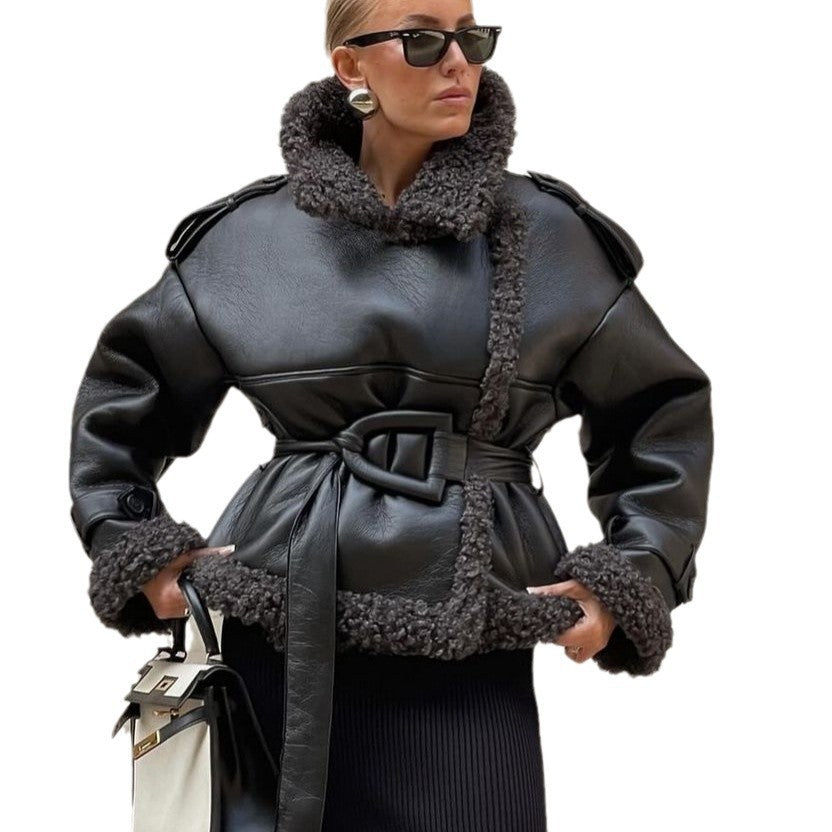 Women's Fur Integrated Personality Street Waist Trimming Coats