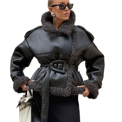 Women's Fur Integrated Personality Street Waist Trimming Coats