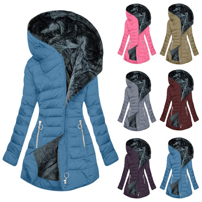 Women's Plush Hooded Mid-length Oblique Zipper Coats