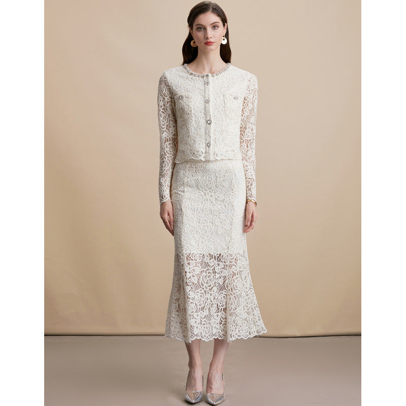 Diamond Round Neck Long Sleeve Crocheted Lace Dresses