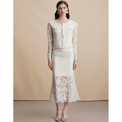 Diamond Round Neck Long Sleeve Crocheted Lace Dresses