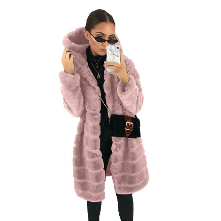 Women's Solid Color Plush Hooded Mid-length For Coats