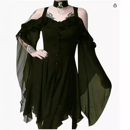 Color Strap Large Swing Sleeve Irregular Dresses