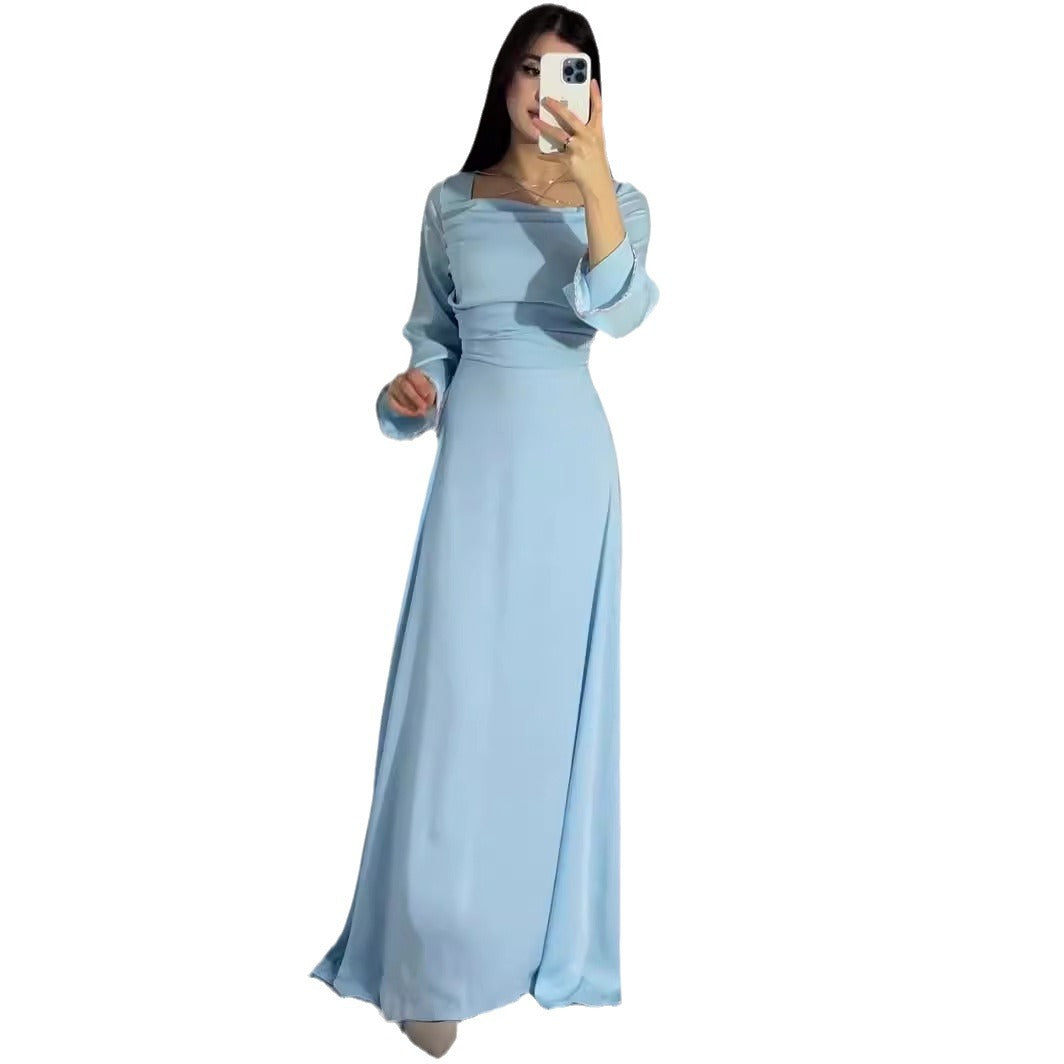 Spring Diamond Studded Hand Ribbon Design Long Sleeve Satin Dresses