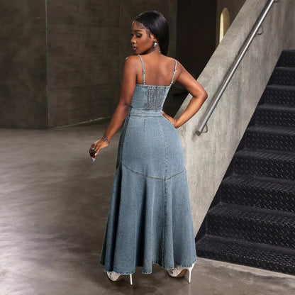 Fashionable Temperament Mid-length Single-breasted Suspender Denim Dresses