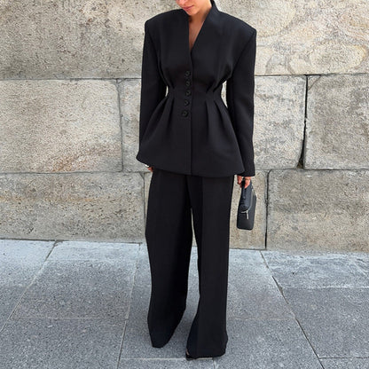 Women's Black High-grade Long-sleeved Pleated Waist Tight Suits