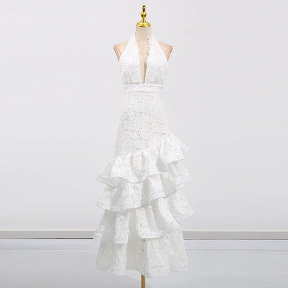 French Elegant Ruffled Long Dress Pure White Dresses