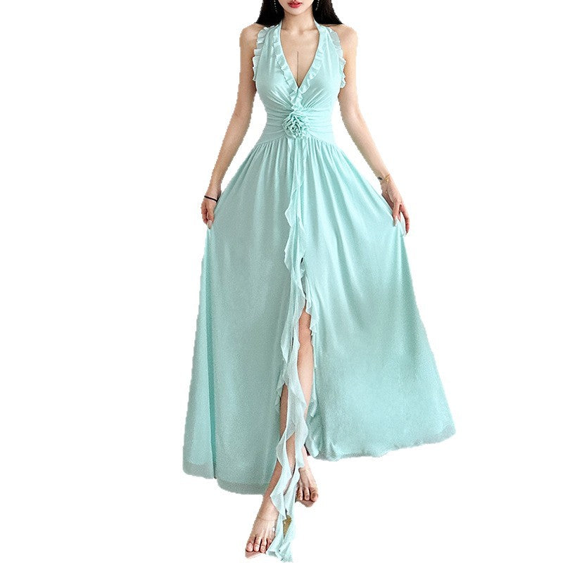 Women's Three-dimensional Flower Flexible Ruffled Design Halter Dresses
