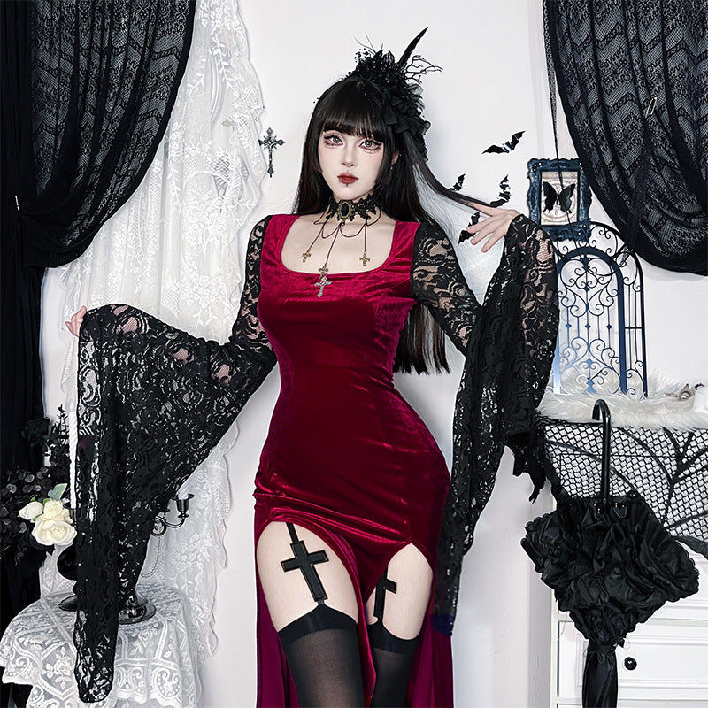 Women's Dark Lace Long-sleeved Slit Dress Sexy Dresses