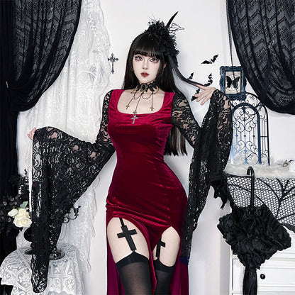 Women's Dark Lace Long-sleeved Slit Dress Sexy Dresses