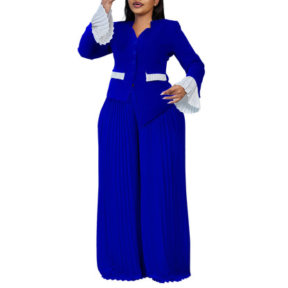 Women's Large Fashion Bell Sleeve Pleated Wide Leg Suits