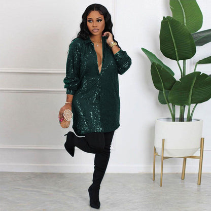 Comfortable Durable Sexy Sequined Shirt Dress Suits