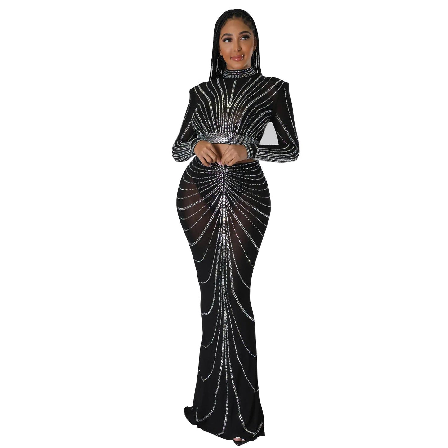Women's Sexy Long Sleeve Mesh Rhinestone Two-piece Suits