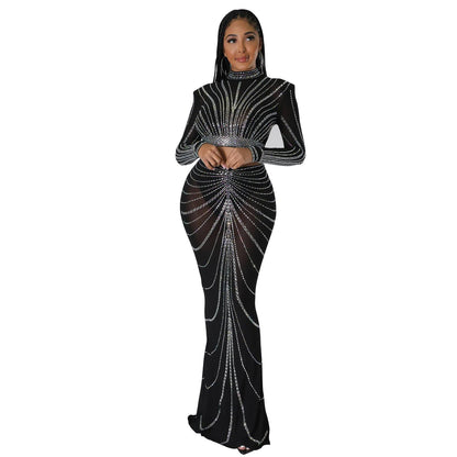 Women's Sexy Long Sleeve Mesh Rhinestone Two-piece Suits
