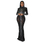 Women's Sexy Long Sleeve Mesh Rhinestone Two-piece Suits