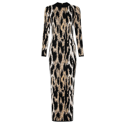 Women's Fashion Knitted Round Neck Slim Fit Slimming Leopard Dresses