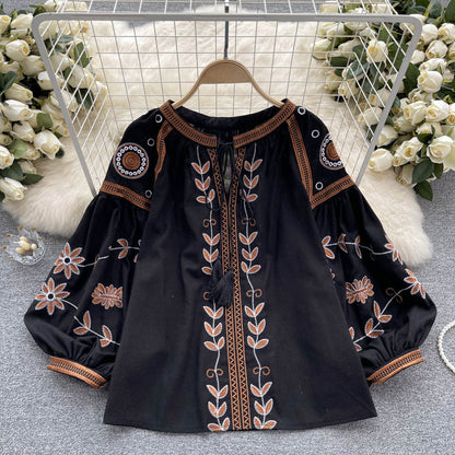 Women's Ethnic Style Design Sense Tassel Long Sleeve Loose Round Blouses