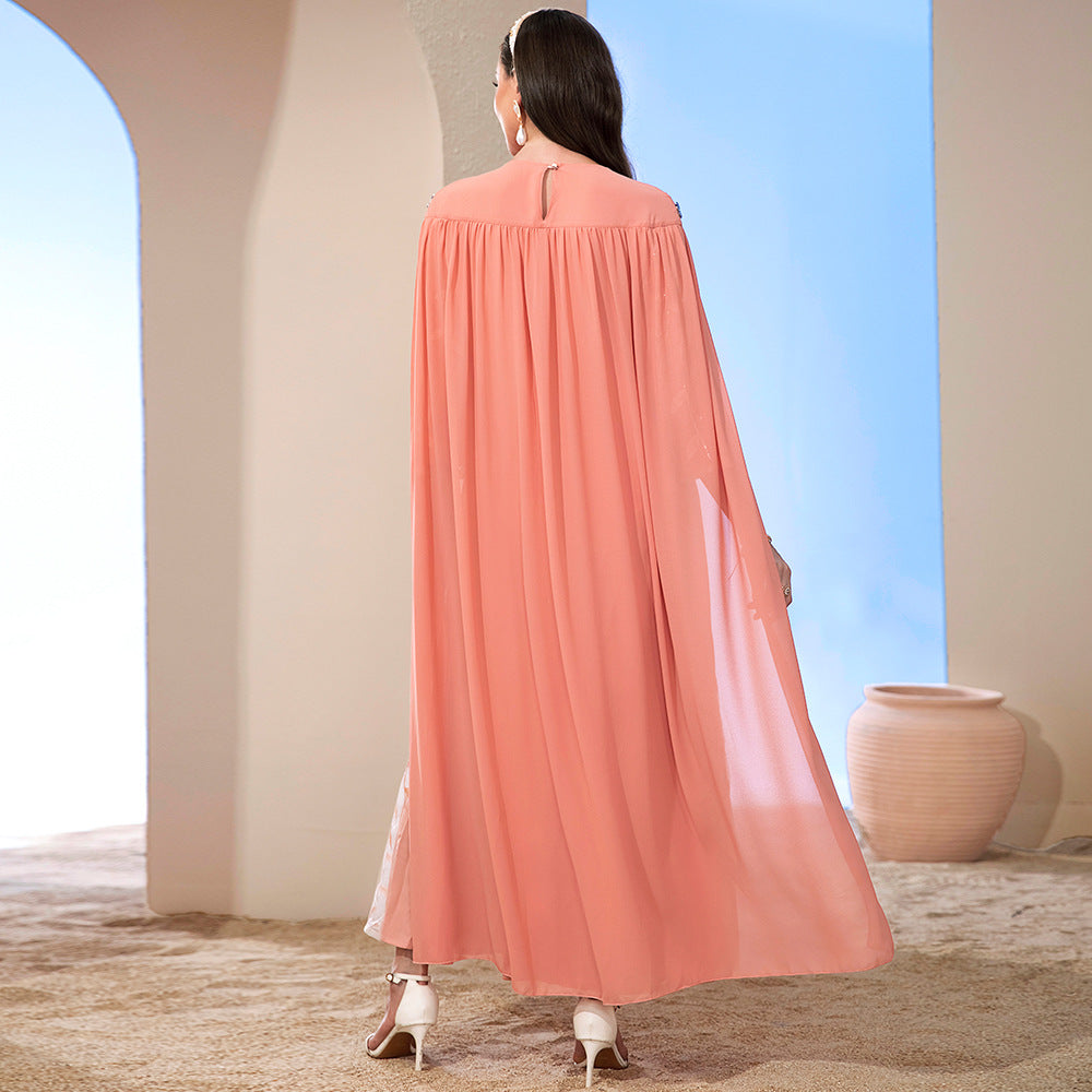 Orange Pink Leaves Mesh Embroidered Fashionable Dresses