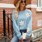 Women's Knitted Loose Idle Round Neck Flower Sweaters