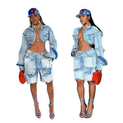 Women's Retro Washed Distressed Patch Denim Suits