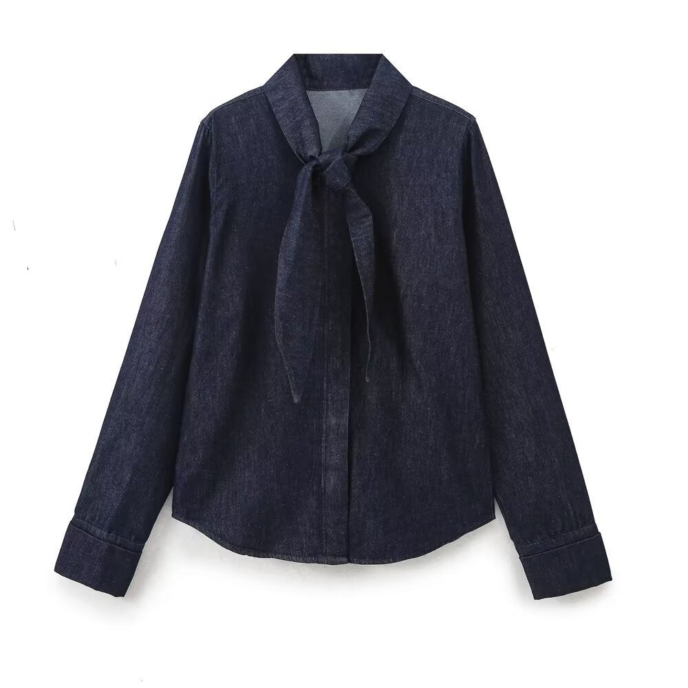 Women's Autumn Fashion Casual Bow Tie Denim Shirt Suits