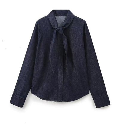 Women's Autumn Fashion Casual Bow Tie Denim Shirt Suits
