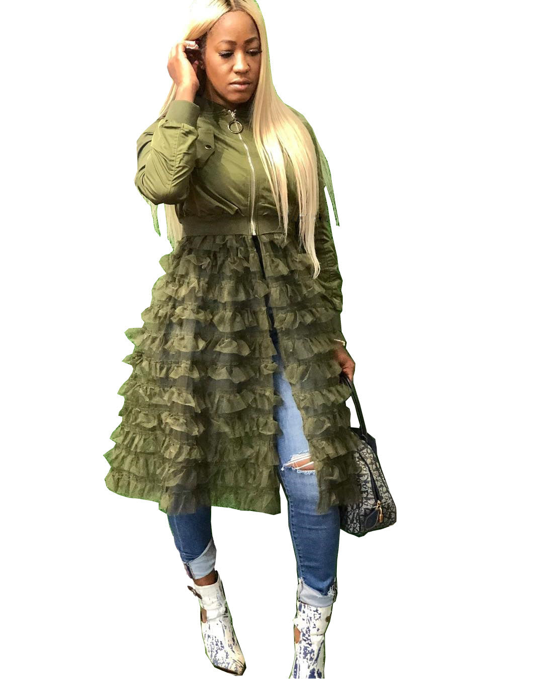 Fashion Zipper Solid Color Mesh Lace Jackets