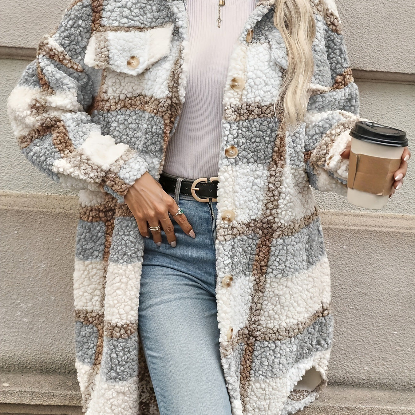 Women's Graceful Thickened Lapel Checked Woolen Coats