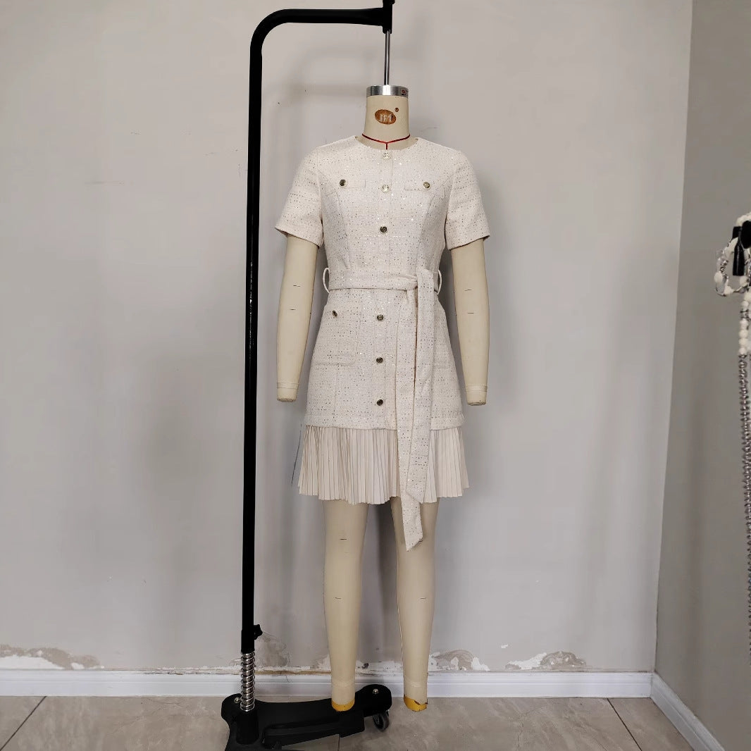 Retro Crew Neck Tweed Breasted Waist Dresses