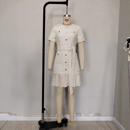 Retro Crew Neck Tweed Breasted Waist Dresses