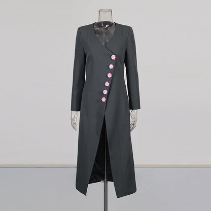 Commute Style Flower Button Stitching Design Solid Color Long Coats