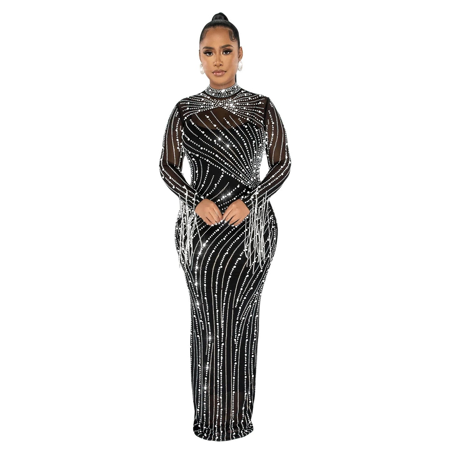 Women's Hot Drilling Long Sleeve Dress Lining Dresses