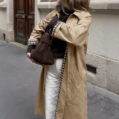 Women's Commute Style Trench Extended Plaid Stitching Coats