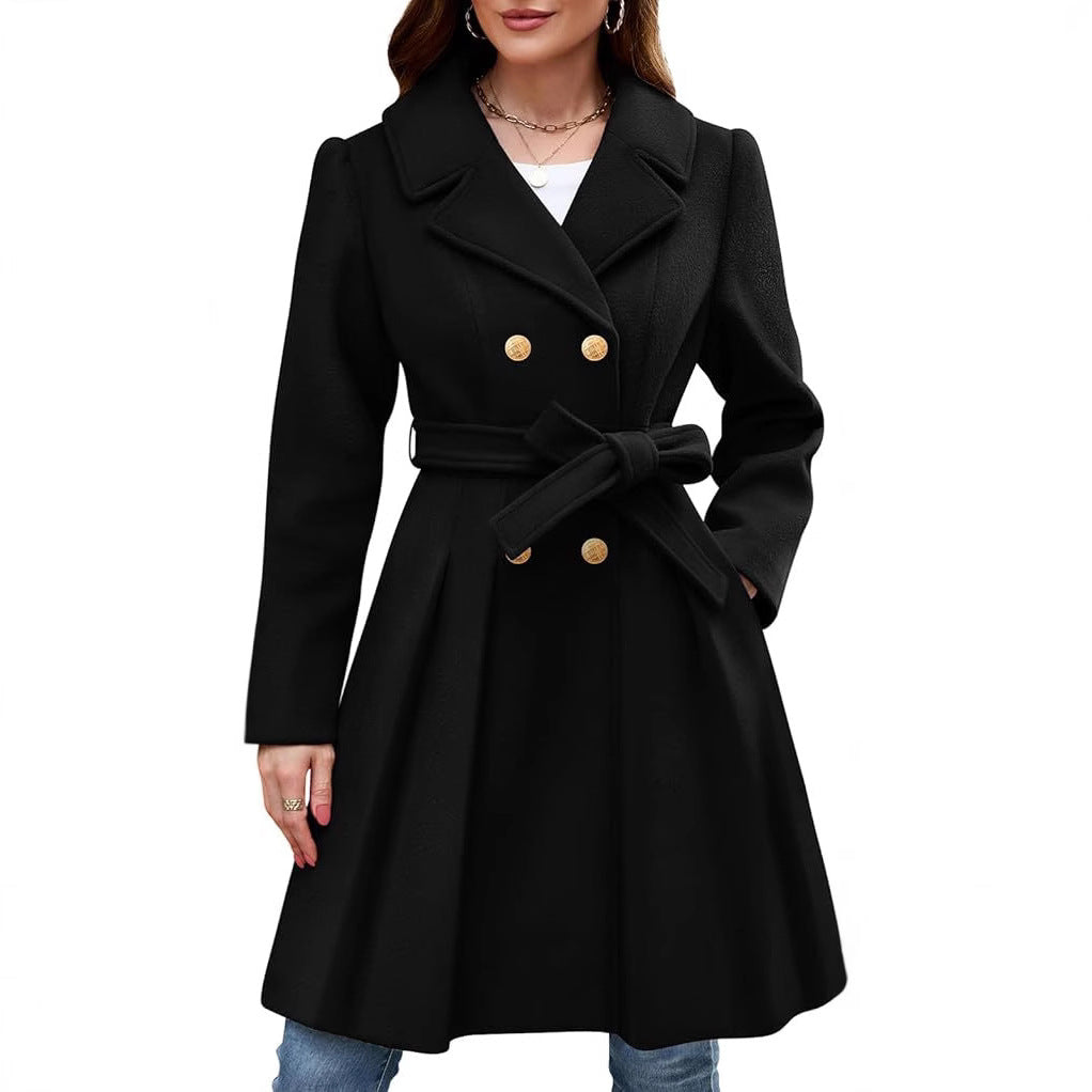 Women's Slim Double-breasted Notched Lapel Woolen With Coats
