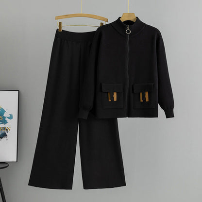 Women's French Zipper Fashion Knitted Wide Leg Suits