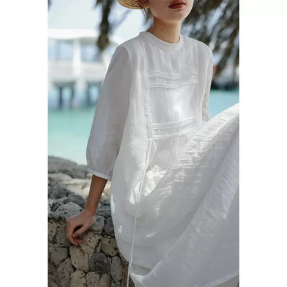 Women's Cotton Linen Loose Big Hem White Dresses